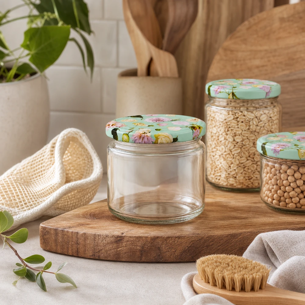 330ml ronde pot met BasicSeal deksel bloem munt leeg op houten plank naast peulvruchten en keukengerei