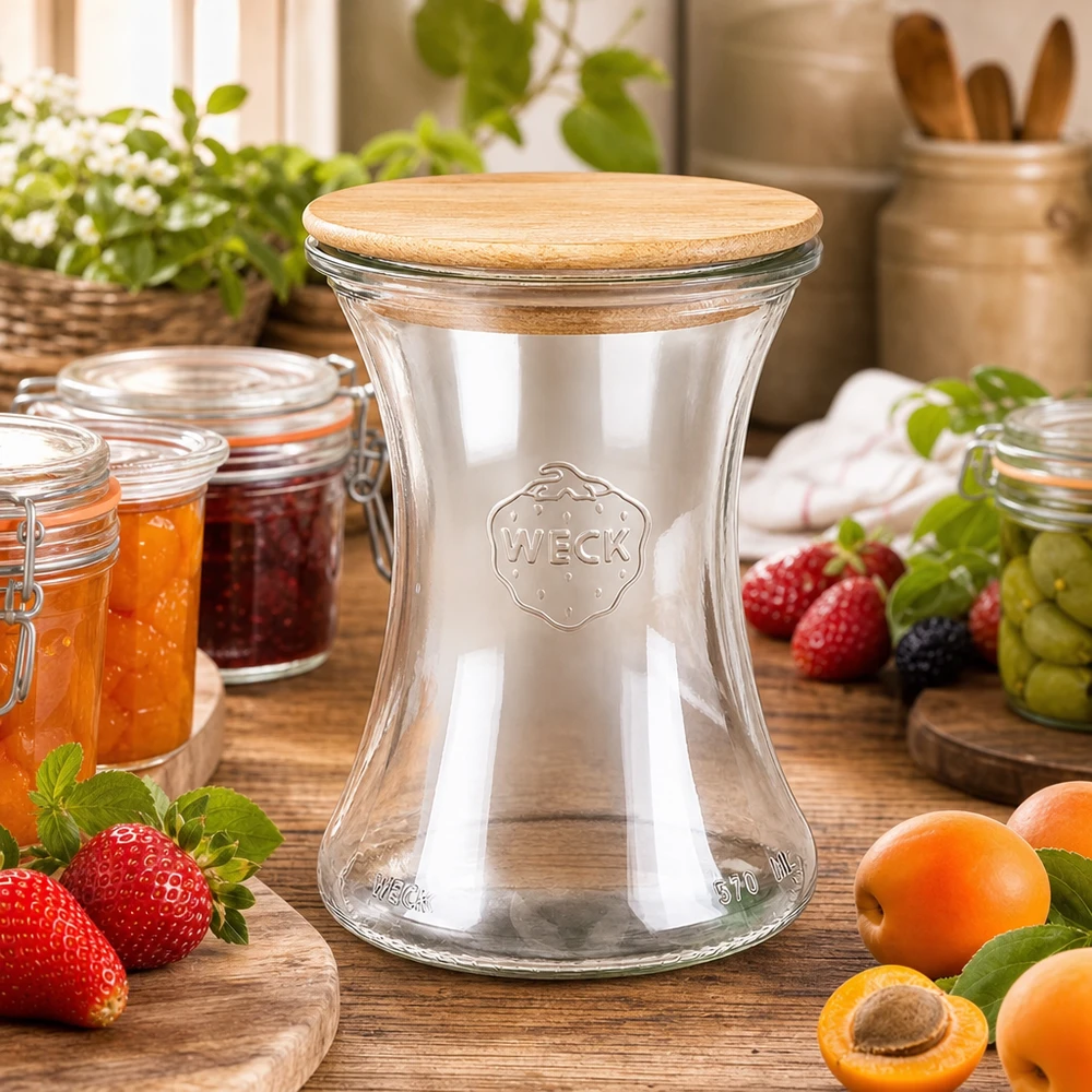 370ml delicatessenglas WECK RR80 met hout deksel 370ml WECK delicatessenpot RR80 met houten deksel in een rustieke keuken omringd door vers fruit en jampotten