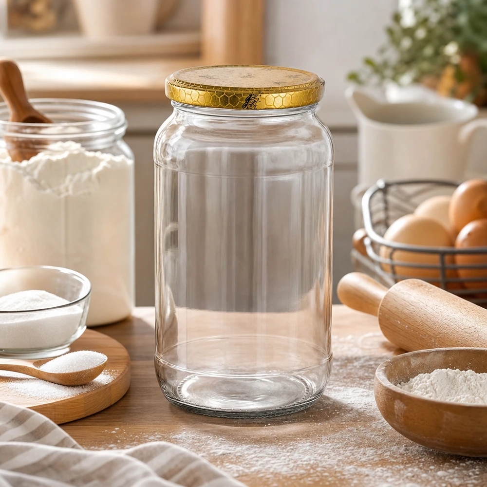 1062ml rond glas met BasicSeal deksel Honingraat UNiTWIST 1062ml ronde glazen pot leeg in keuken scène met baking ingrediënten bloem eieren deegroller gouden honingraat deksel opslag pot