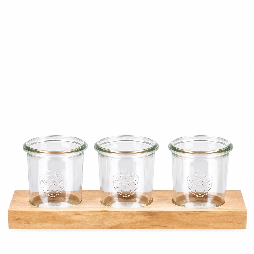 Plano3 houten serveerplank met 3 WECK 140ml bekers voor keuken en opslag