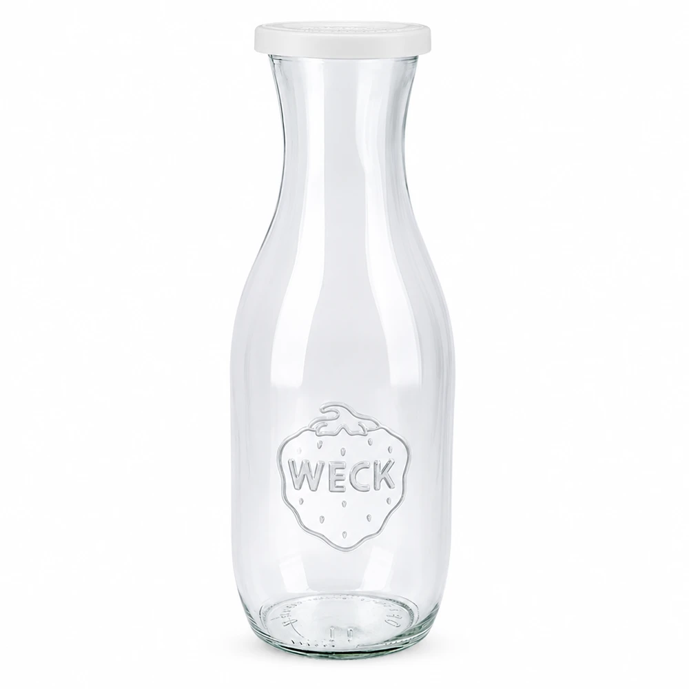 Sapfles van 1062 ml met vershouddeksel WECK RR60 WECK sapfles 1062ml van glas met wit vershouddeksel en WECK logo voor sap en drankjes