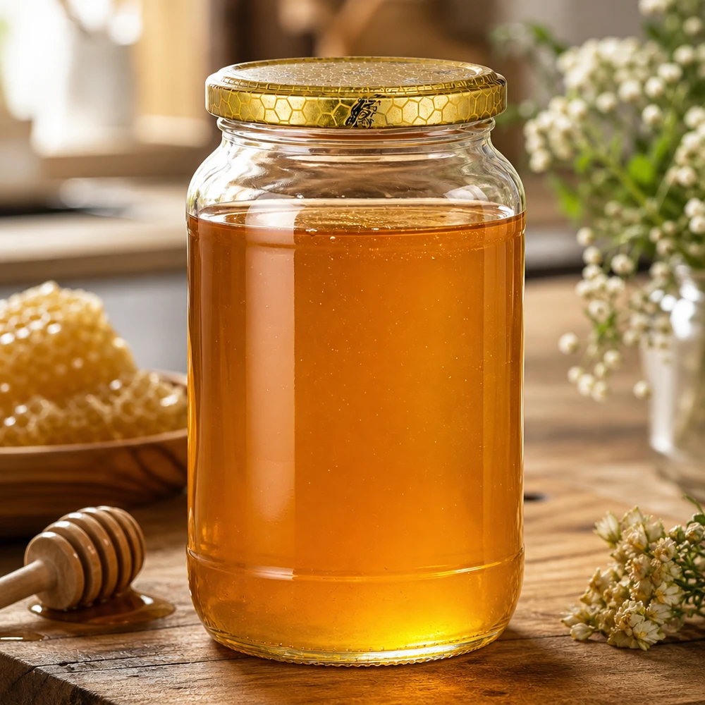 1062ml rond glas met BasicSeal deksel Honingraat UNiTWIST 1062ml Rundglas mit goldenem Bienenwabe-Deckel gefüllt mit Honig neben Waben und Honiglöffel natürliche Küchendeko