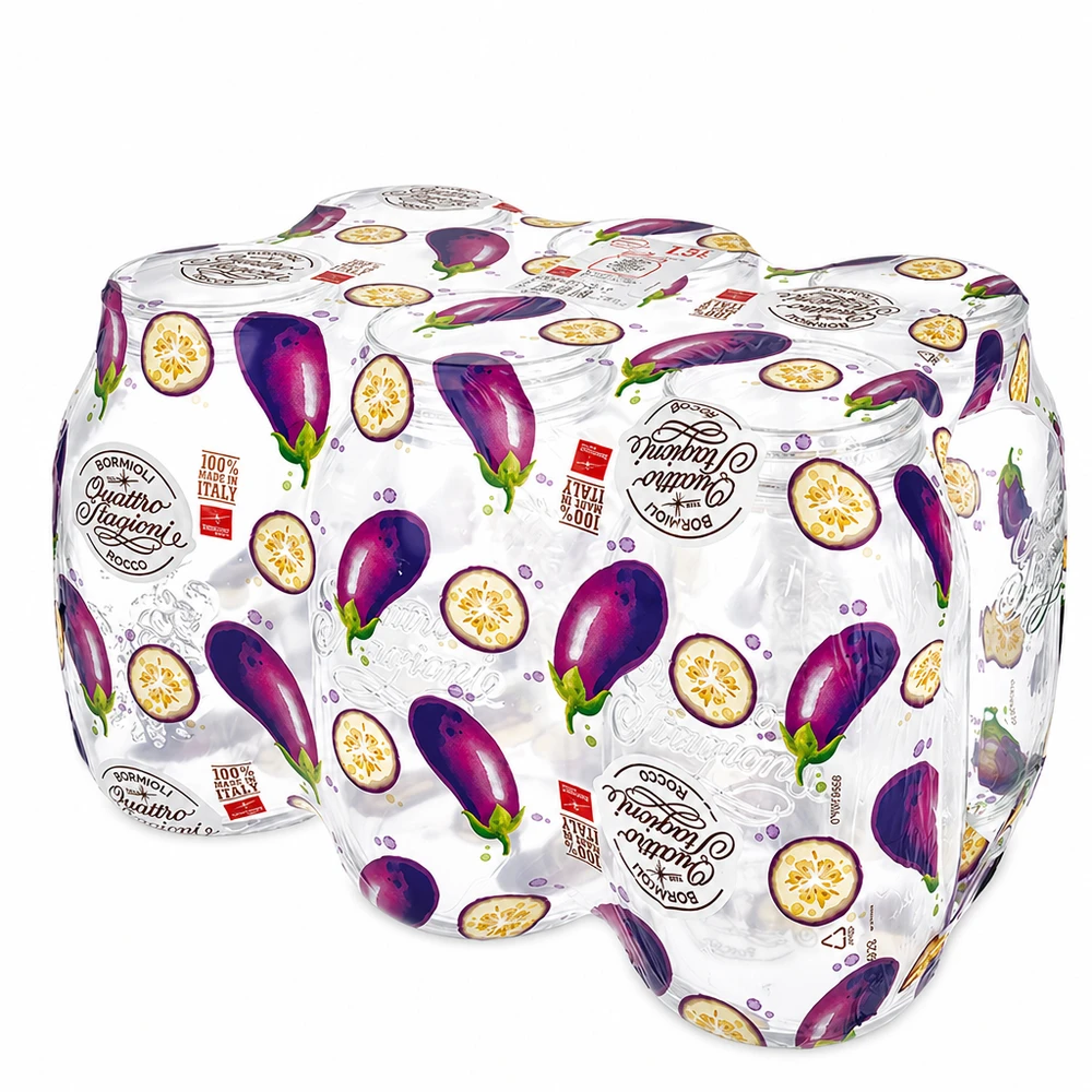1500 ml rond glas "Quattro Stagioni" met deksel Quattro Stagioni inmaakpotten 1500ml set van 6 met kleurrijke aubergine decoratie schroefdop Italiaanse inmaakpotten
