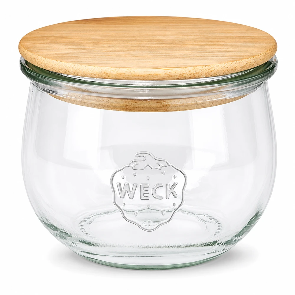 WECK tulp pot 580ml RR100 met naturel houten deksel - helder glazen voorraadpot met WECK logo
