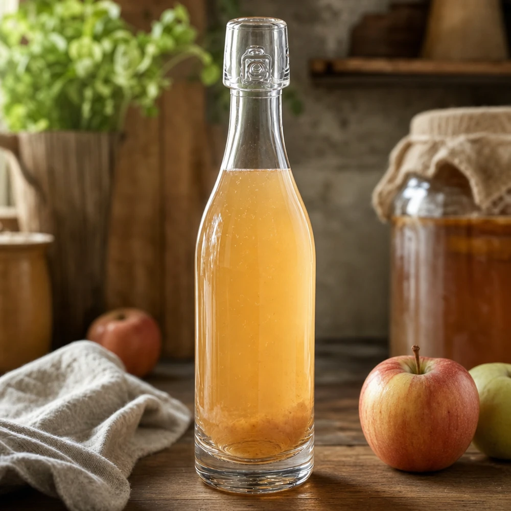 50ml glazen fles UNiTWIST gevuld met appelsap naast verse appels rustieke keuken scène houten achtergrond