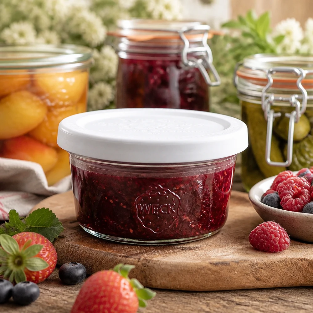 WECK 50 ml bekers RR60 gevuld met jam op een houten plank omringd door verse bessen en inmaakpotten