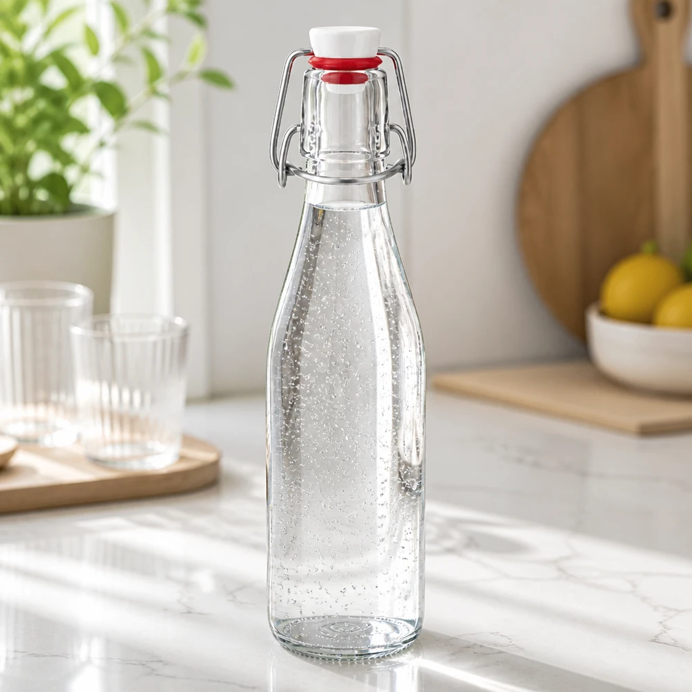250ml glazen fles met draaidop gevuld met mineraalwater, modern marmeren keukenblad met glazen