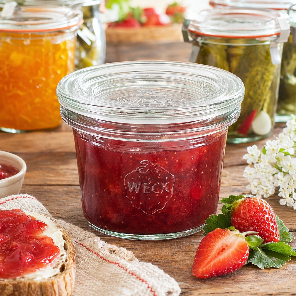 35ml stortglas met glazen deksel WECK RR40 WECK 35ml RR40 potje gevuld met rode aardbeienjam naast verse aardbeien en jambrood