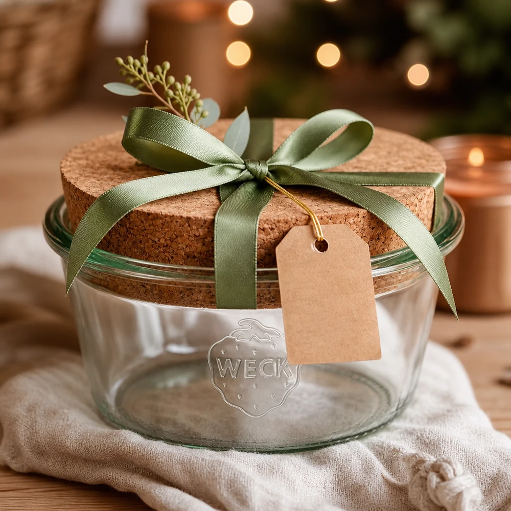 WECK beker 290ml RR100 met kurk als geschenkverpakking versierd met groen lint en label
