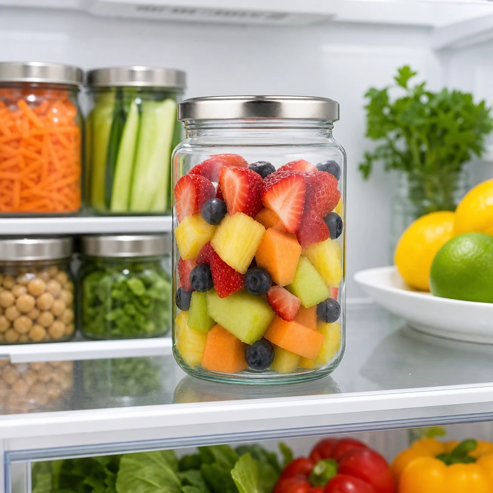 382ml rond glas met BasicSeal deksel zilver UNiTWIST 382ml ronde pot met zilveren deksel gevuld met fruitsalade in de koelkast Food Prep Maaltijdvoorbereiding voorraadpot