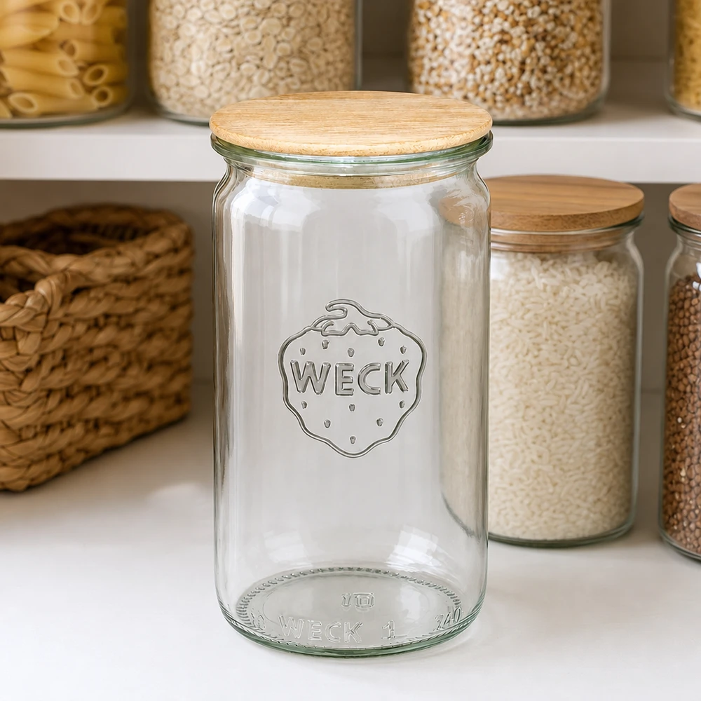340ml cilinderglas WECK RR60 met hout deksel WECK voorraadpot 340ml RR60 leeg met houten deksel in georganiseerde voorraadkeuken tussen gevulde voorraadpotten