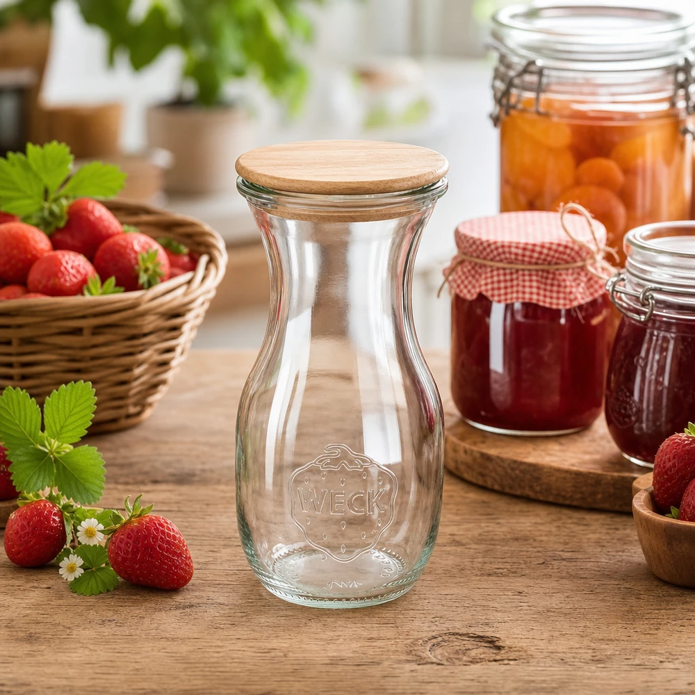 WECK sapfles 290ml met houten deksel in een natuurlijke keukenomgeving met aardbeien en jampotten