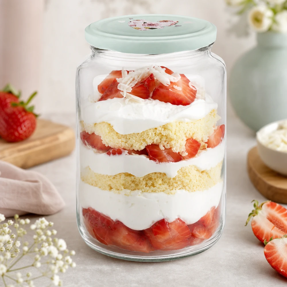 Ronde pot van 795 ml + BasicSeal-deksel met munt hart UNiTWIST 795ml ronde pot mint hart deksel met aardbei trifle dessert in een pot gelaagde cake room bessen dessert