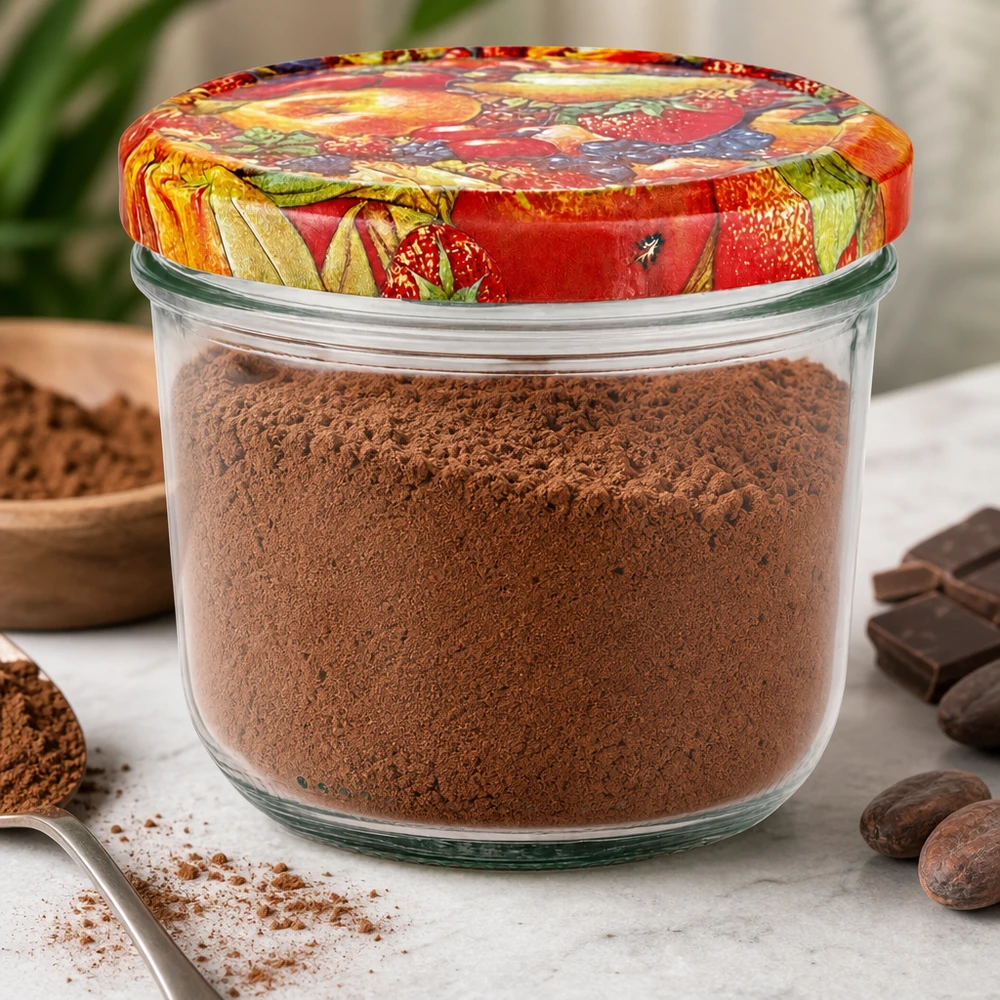 230ml bekers met BasicSeal deksel Fruit decor UNiTWIST 230 ml bekers gevuld met cacaopoeder en kleurrijke BasicSeal fruitdecor deksel omringd door chocolade en cacao