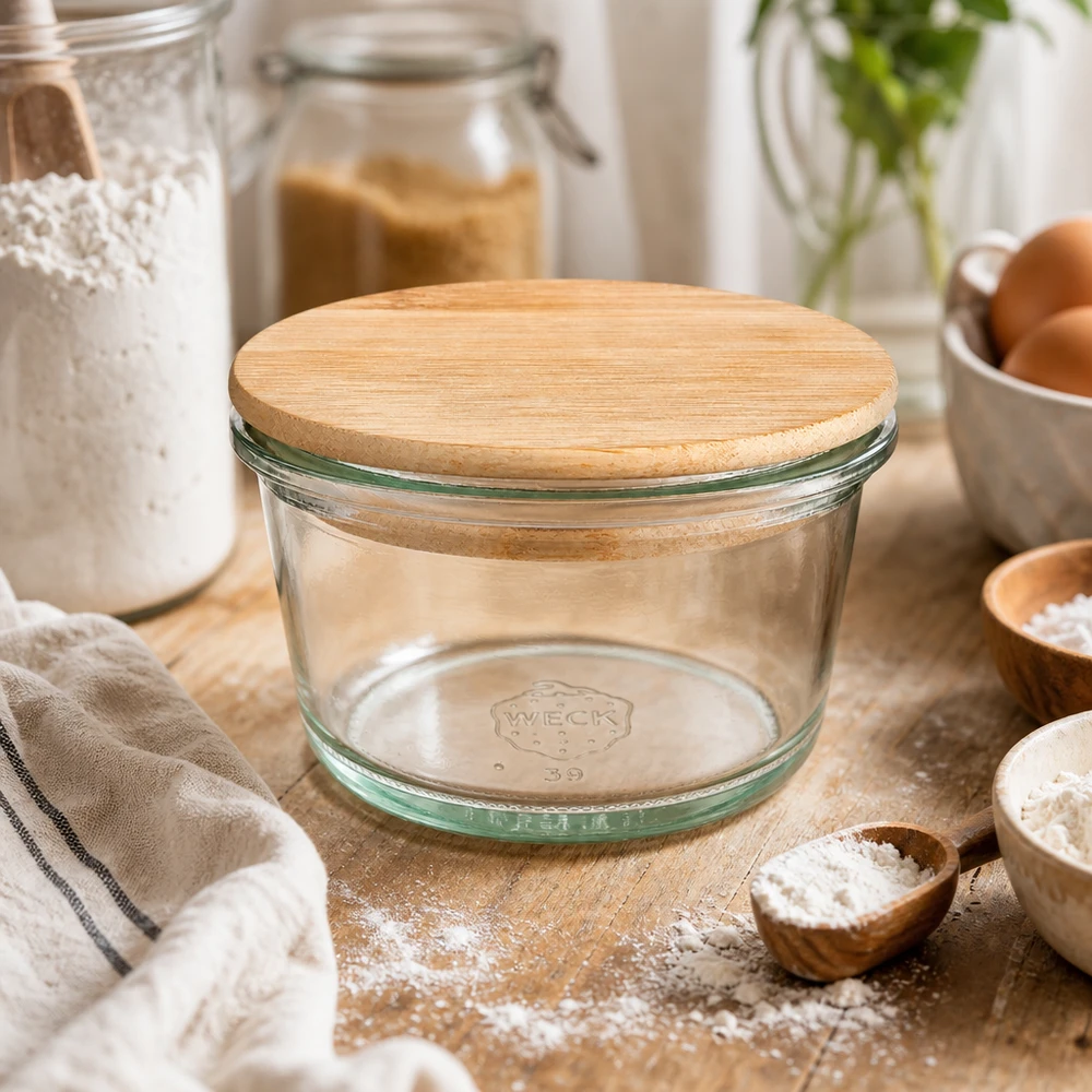 WECK gourmetpot 165ml RR80 leeg met houten deksel op keukentafel tussen bakingrediënten bloem eieren en keukengerei