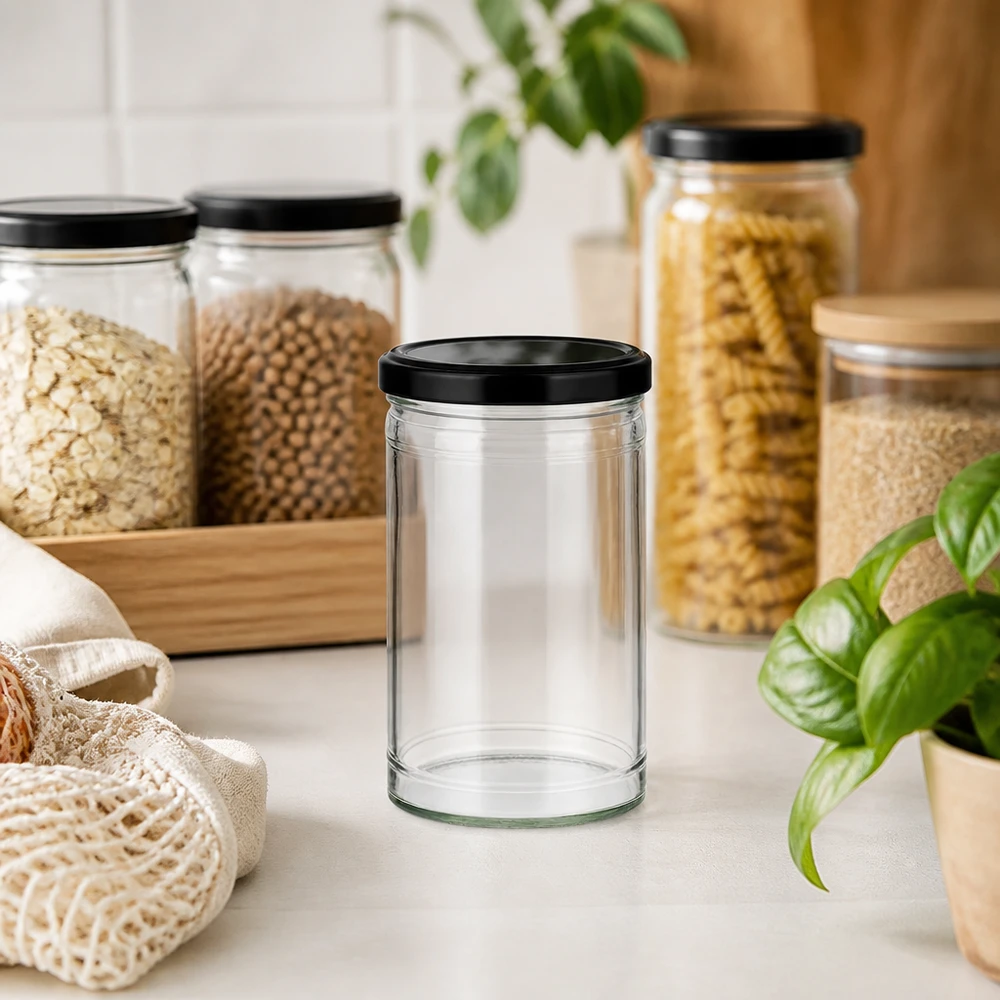 1053ml beker met BasicSeal deksel zwart UNiTWIST Lege glazen pot van 1053 ml met zwart deksel in zero-waste keuken met voorraadpotten en duurzame materialen