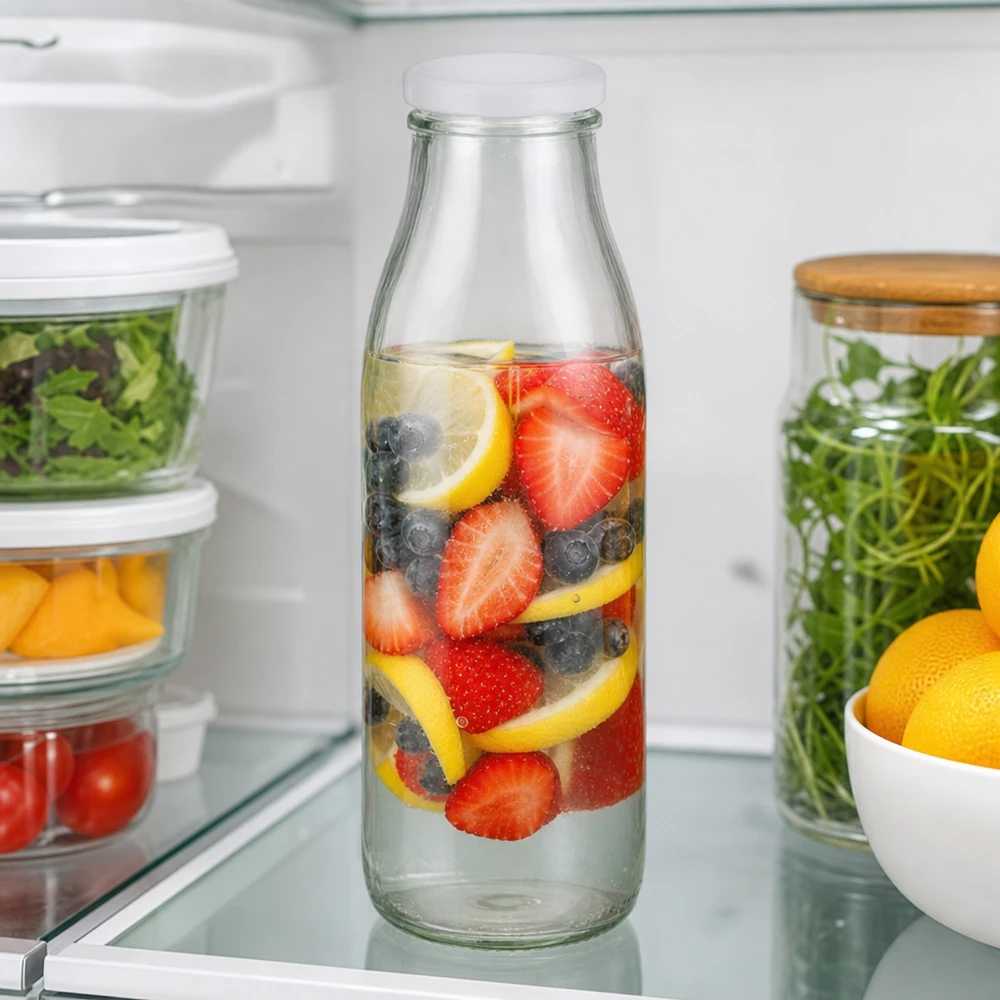 500ml fles met BasicSeal deksel wit UNiTWIST Glazen fles van 500 ml met BasicSeal-deksel vol water met bessencitroeninfusie in de koelkast tussen het verse eten door