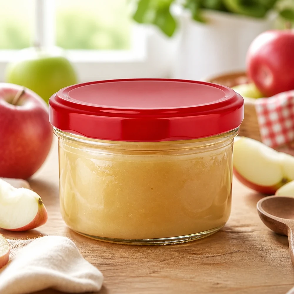 Rond glas van 186 ml + BasicSeal-deksel rood UNiTWIST Doorzichtige glazen pot van 186 ml met rode BasicSeal-deksel, perfect voor het inmaken van fruit
