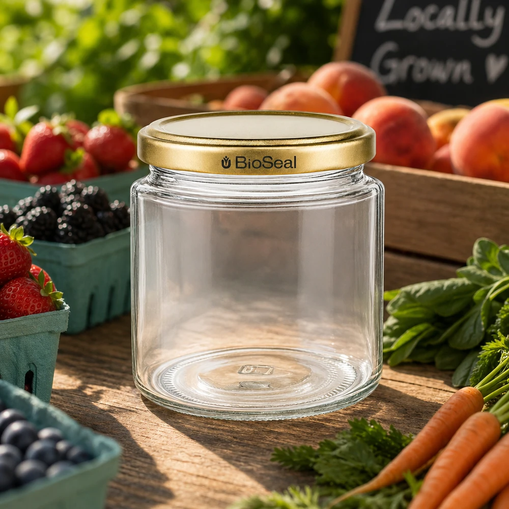 Honingpot 350 g met gouden BioSeal UNiTWIST-deksel BioSeal 250 ml honingpot op marktkraam met vers fruit en groenten, gouden UNiTWIST deksel voor conserveren