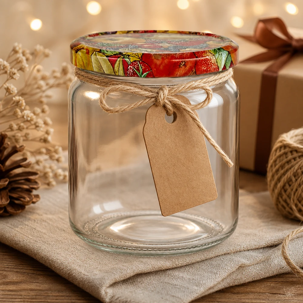 408ml rond glas met BasicSeal deksel Fruit decor UNiTWIST 408 ml ronde pot leeg met BasicSeal deksel Fruitdecoratie als cadeau-idee versierd met kraftpapieren label en jute koord