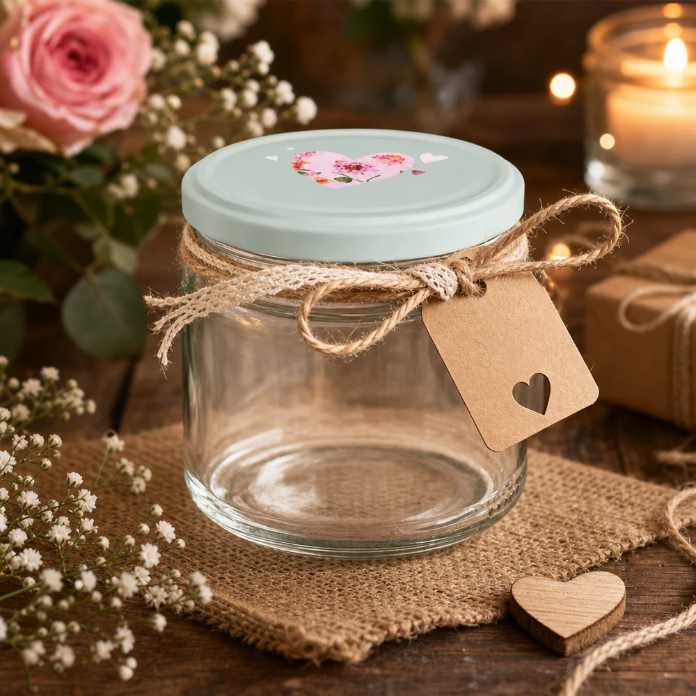 Ronde pot van 330 ml + deksel BasicSeal mint hart UNiTWIST 330ml ronde pot leeg gedecoreerd met jute koord hart hanger BasicSeal deksel mint geschenkverpakking inmaakpot