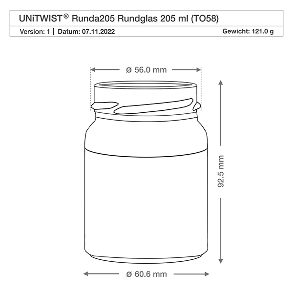 205ml rond glas zonder deksel (TO58) UNiTWIST Technische tekening UNiTWIST Runda205 rond glas 205ml TO58 met afmetingen Diameter 56mm Hoogte 92,5mm Gewicht 121g