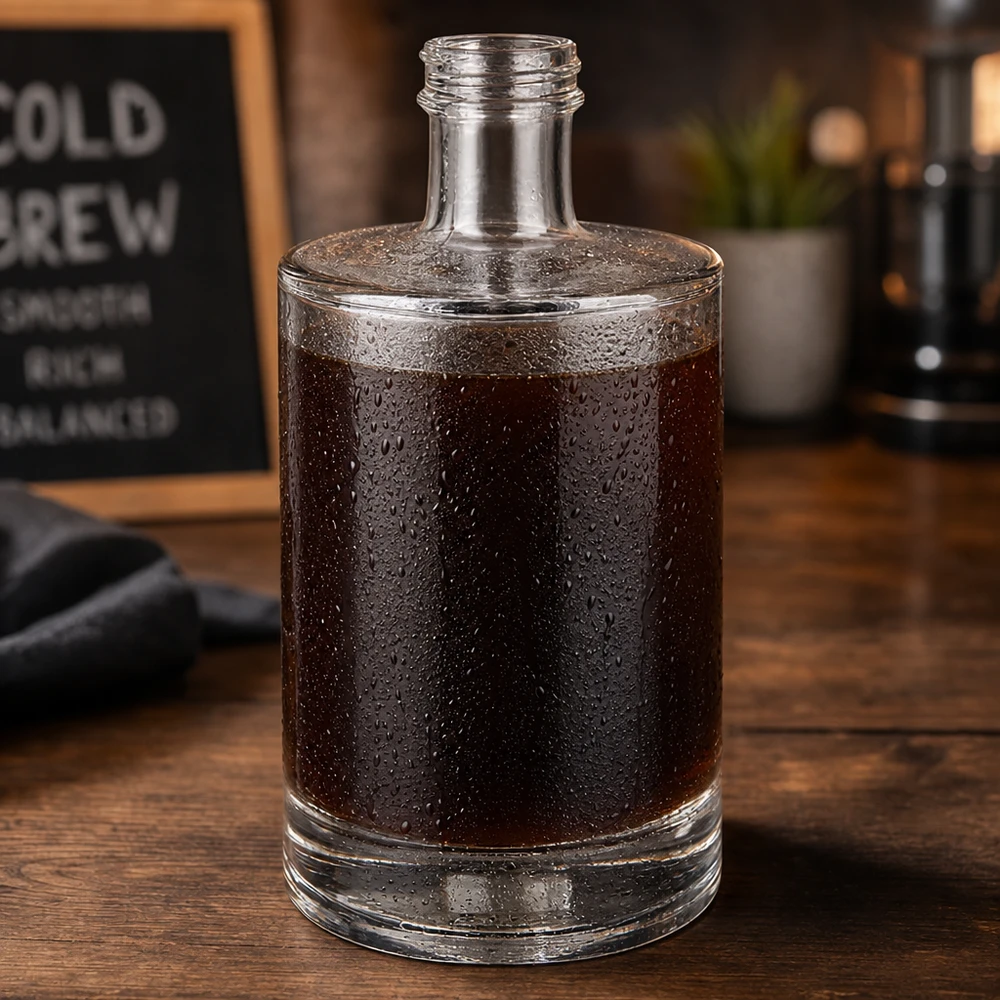 500 ml glazen fles Sam zonder schroefdop UNiTWIST® 500ml glazen fles Sam gevuld met cold brew koffie condensatie waterdruppels café sfeer houten voet