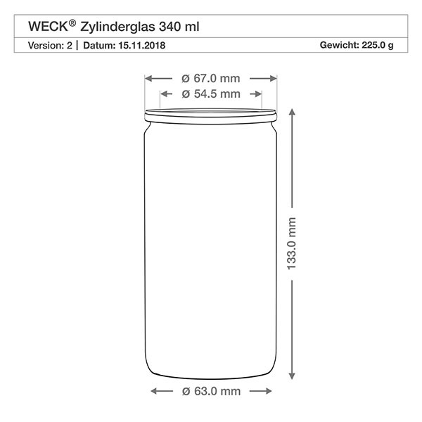 340ml cilinderglas WECK RR60 met kurk WECK cilinderpot 340ml RR60 maattekening met afmetingen 67mm diameter 133mm hoogte technische productspecificatie