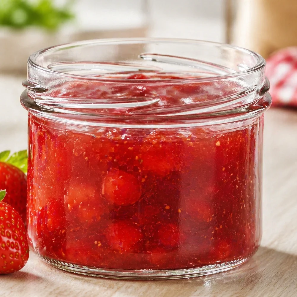 UNiTWIST Sturz225 bekers 225ml TO82 gevuld met rode aardbeienjam op een houten tafel met verse aardbeien
