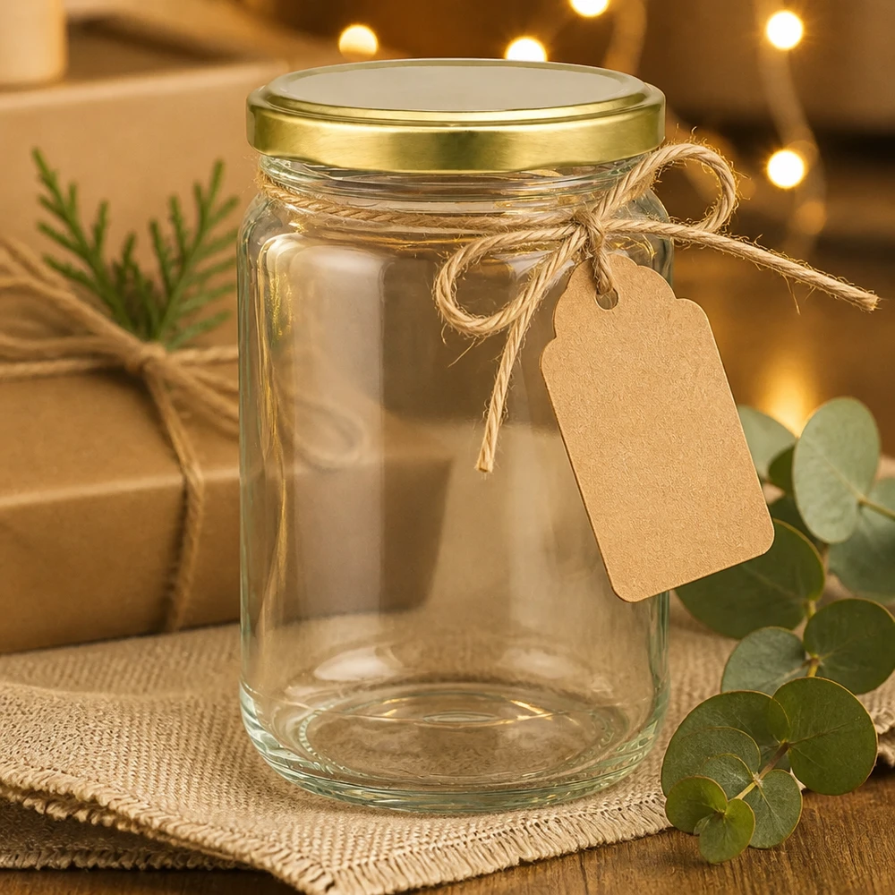 305ml rond glas met BasicSeal deksel goud UNiTWIST 305ml Rundglas UNiTWIST gold mit Geschenkanhänger - leeres Einweckglas dekorativ präsentiert für Geschenkideen