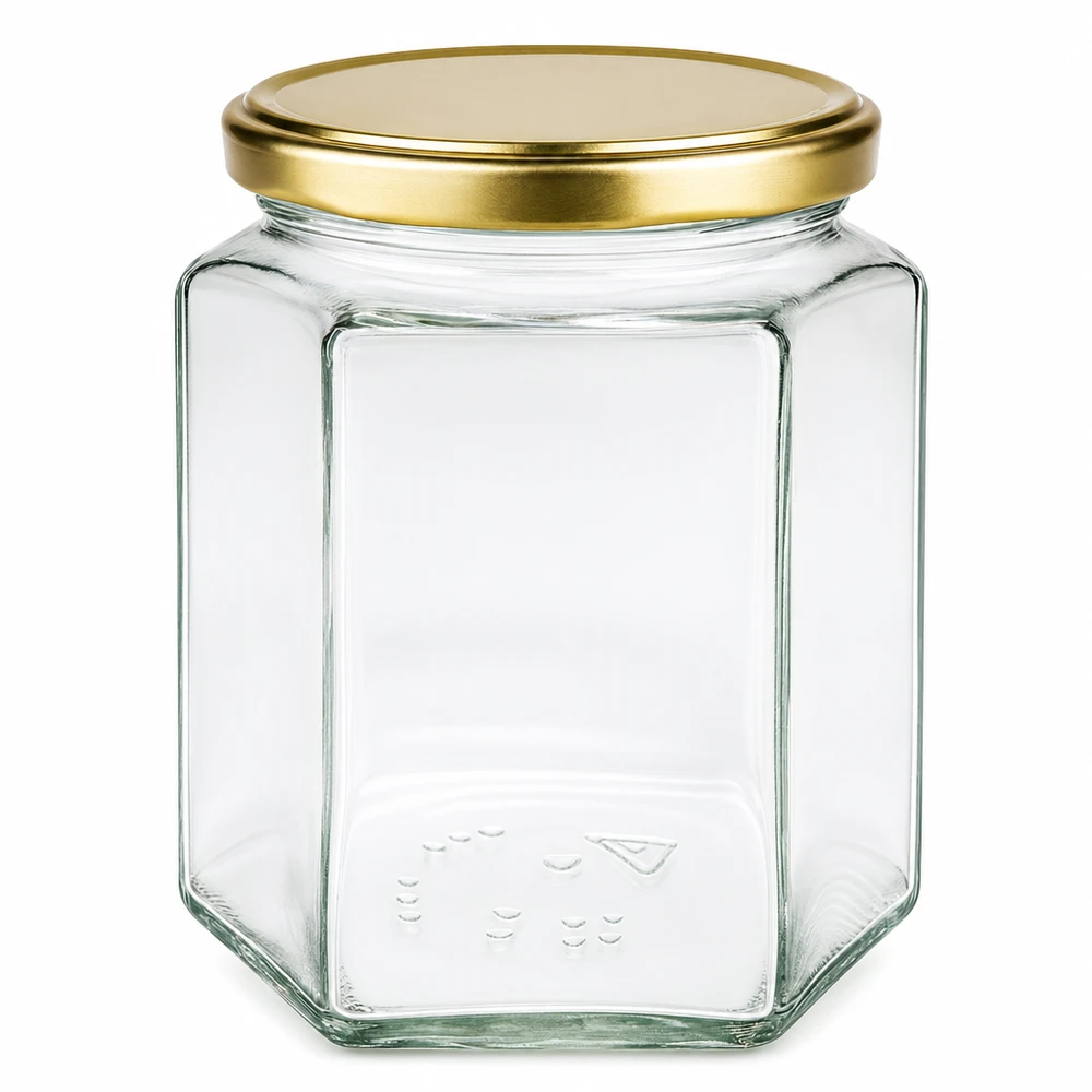 Honingpot 500 g met gouden deksel BasicSeal UNiTWIST Honingpot 500g met gouden deksel BasicSeal UT transparant leeg zeshoekig voor honingbijenteelt