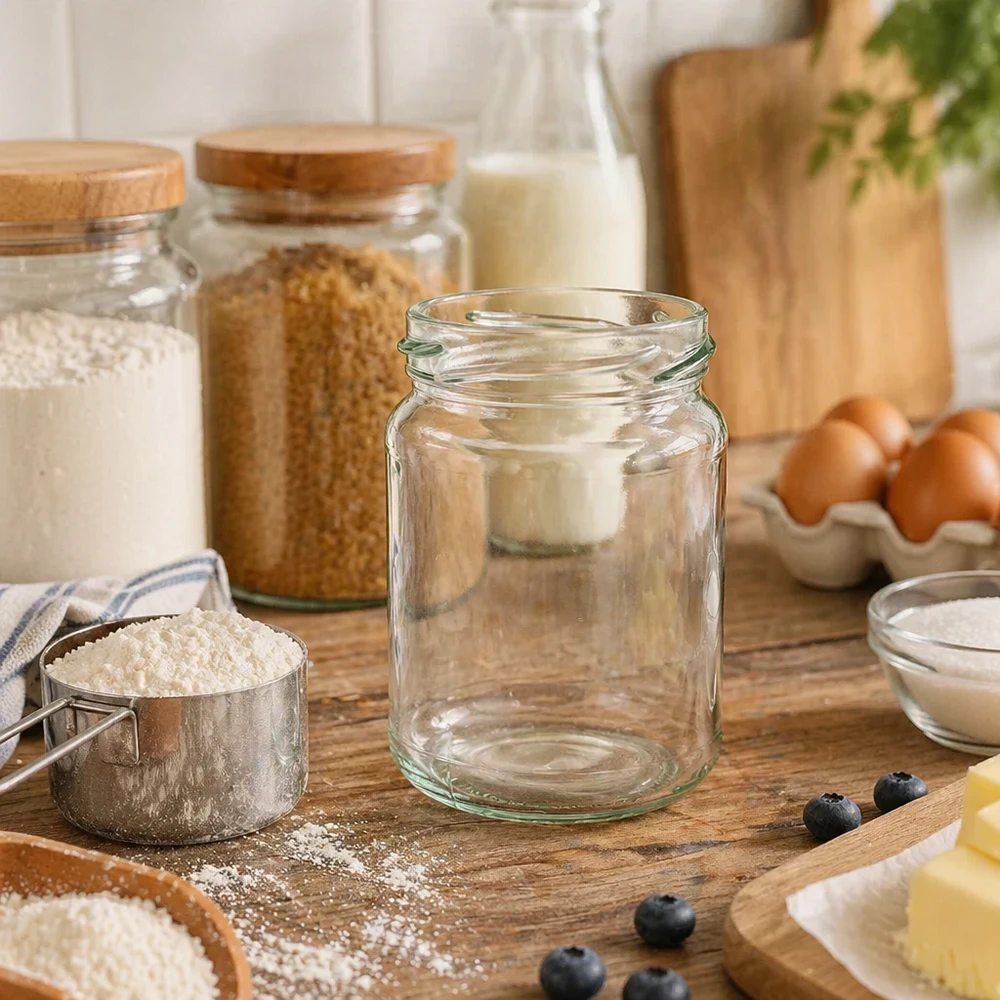 UNiTWIST Runda205 ronde pot 205ml TO58 inmaakpot leeg op houten plank met keukengerei en ingrediënten