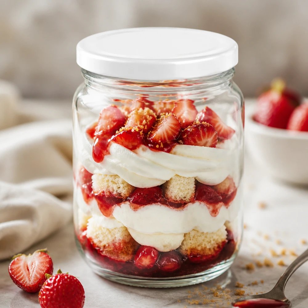 212ml UNiTWIST ronde pot met BasicSeal deksel als dessertpot voor aardbeien trifle gelaagd dessert tiramisu dessert