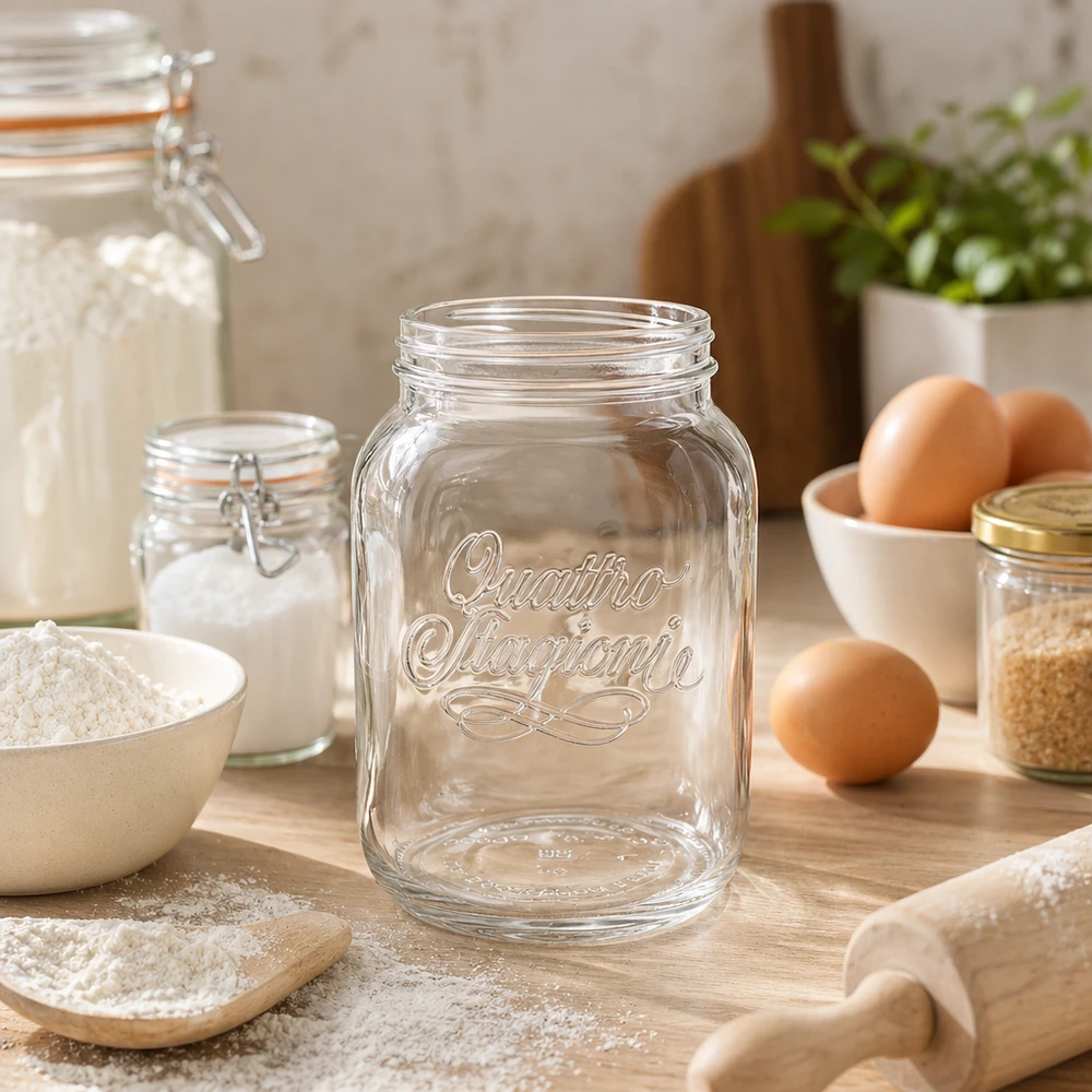 Quattro Stagioni huishoudglas 3000ml transparant op houten tafel met keukengerei eieren en bloem