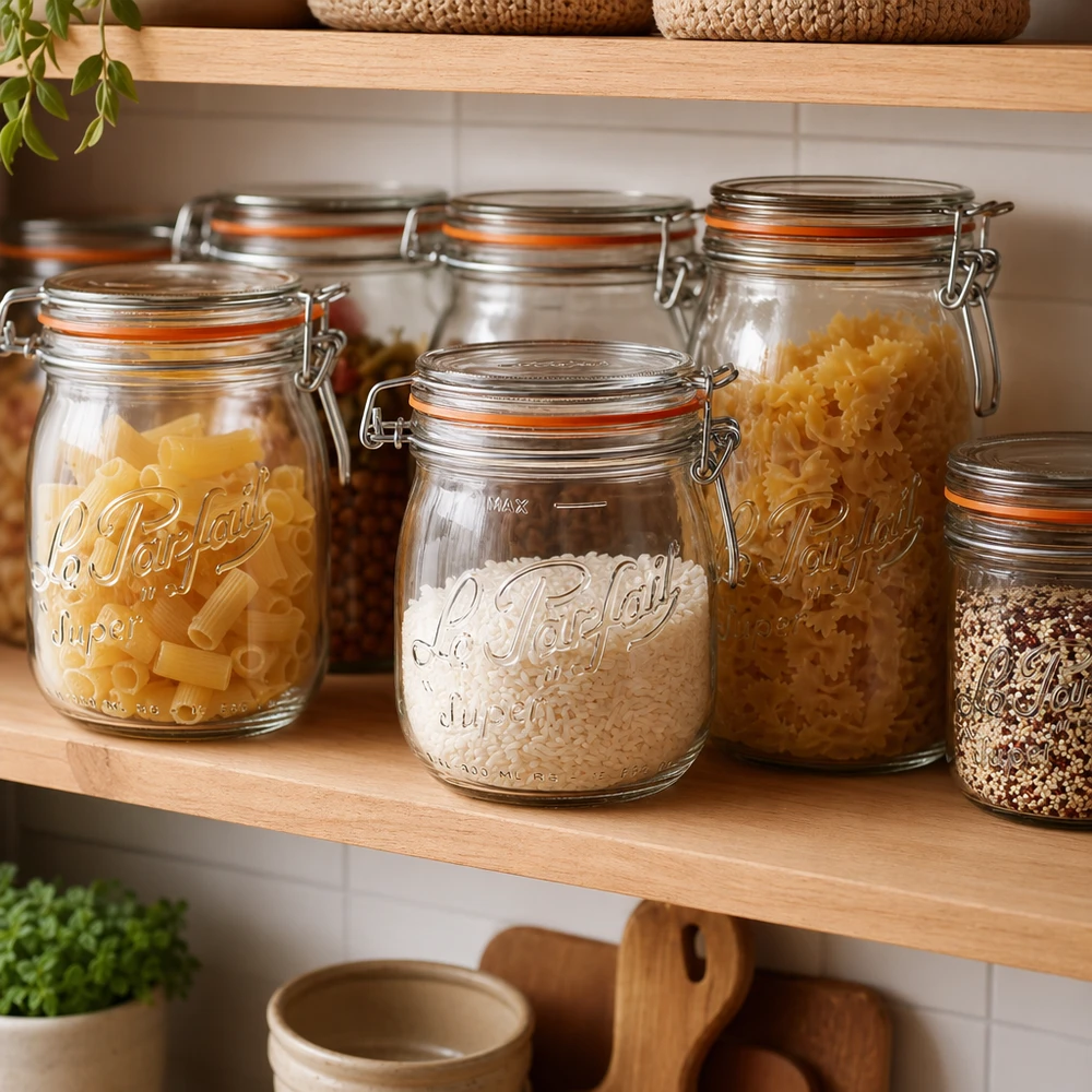 750ml Le Parfait Super voorraadpot met draaidop gevuld met bloem op houten plank in moderne keuken