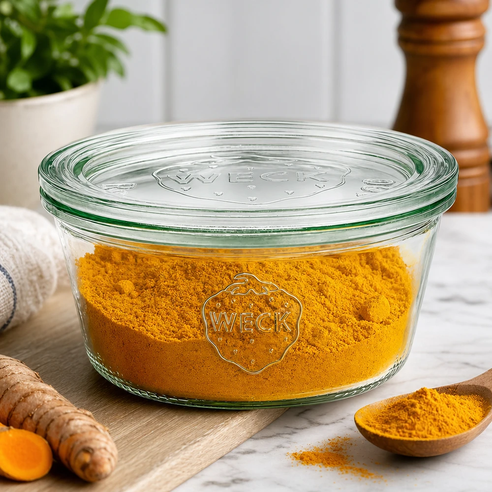 WECK beker 290ml RR100 gevuld met kurkumapoeder als kruidenpotje naast verse kurkumawortel en houten lepel