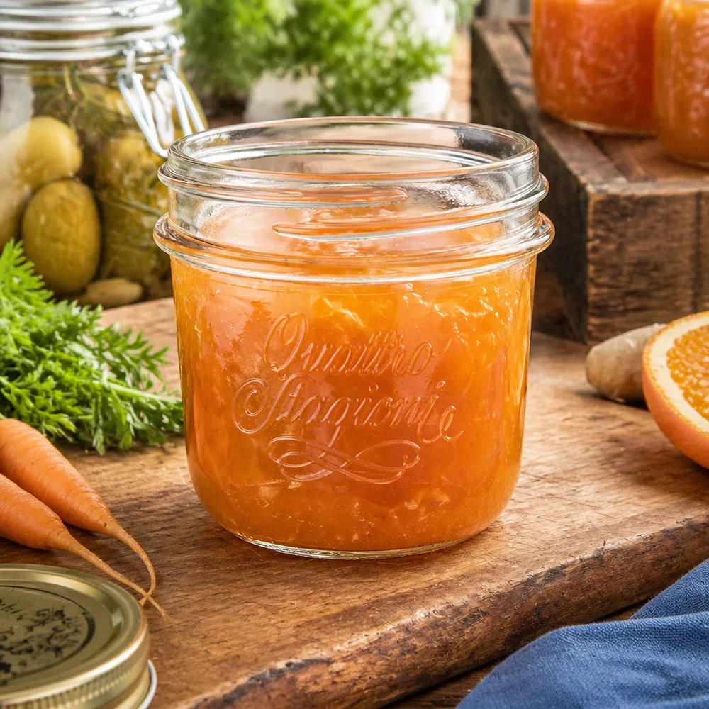 200 ml Quattro Stagioni inmaakpot met sinaasappelmarmelade op een houten plank naast wortels en komkommer