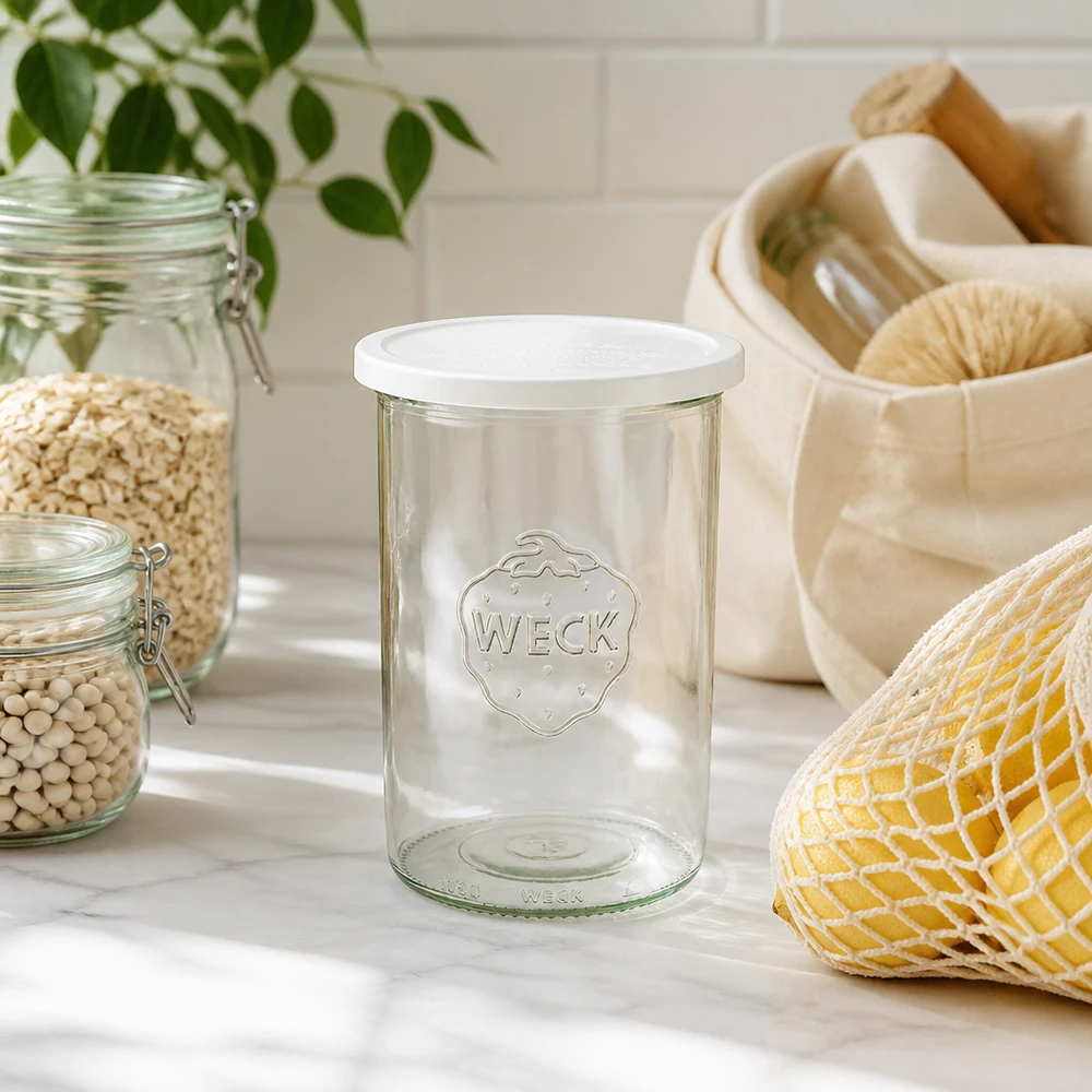 WECK 1000ml RR100 bekers in een natuurlijke keukenomgeving met duurzaam opberggerei en planten