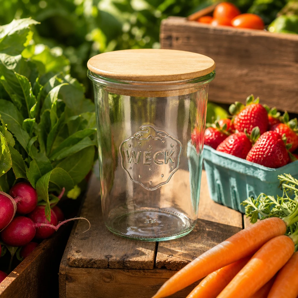 WECK voorraadpot 850ml RR100 houten deksel tuintafereel verse groenten wortelen radijs aardbeien tomaten