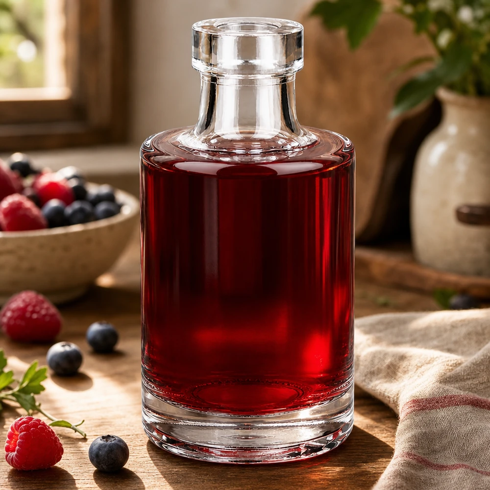 100 ml glazen fles Marie zonder sluiting UNiTWIST® 100 ml glazen fles Marie gevuld met rode bessensiroop naast verse frambozen en bosbessen op een houten tafel