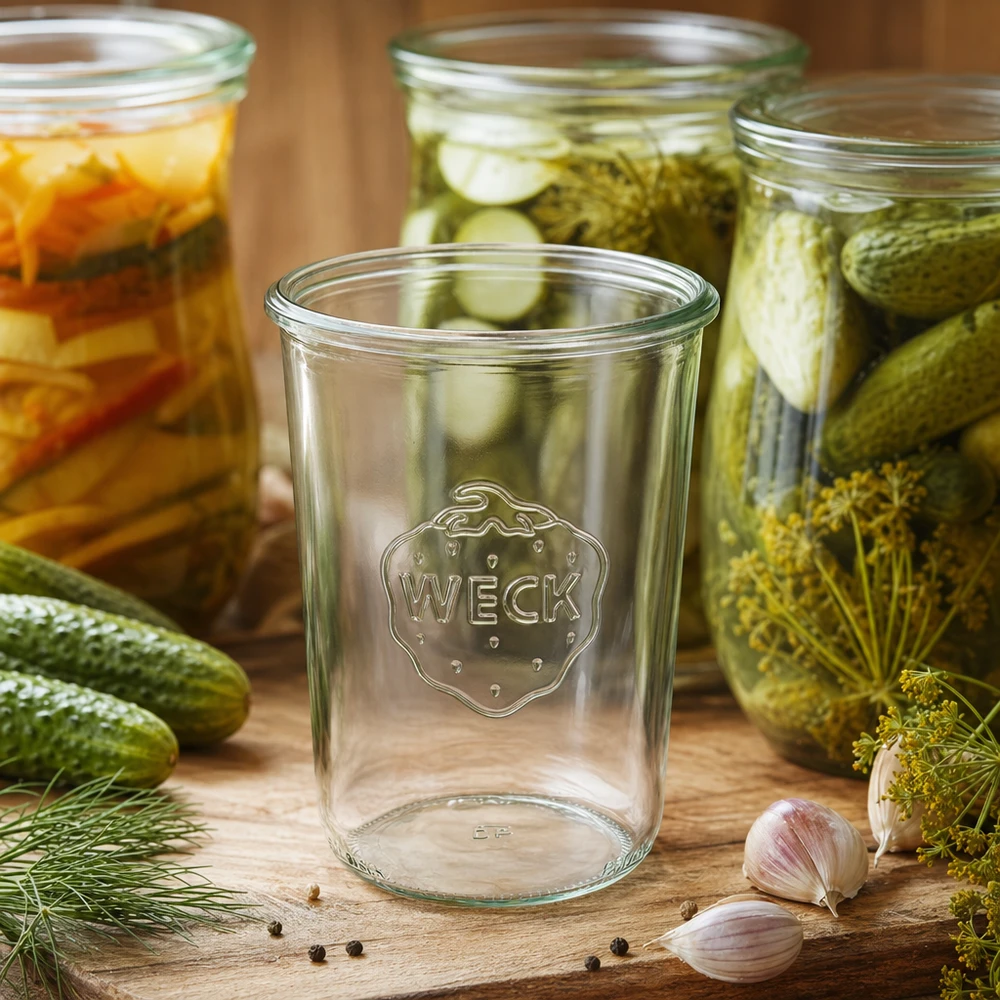 850ml stortglas WECK RR100 Lege 850 ml WECK RR100 metselpot voor ingemaakte augurken en groenten in gevulde metselpotten op een houten basis