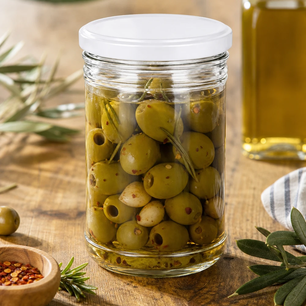 1053ml beker met BasicSeal deksel zilver UNiTWIST 1053ml bekers gevuld met olijven toont mediterraan gebruik BasicSeal deksel witte voorraadpot voor antipasti