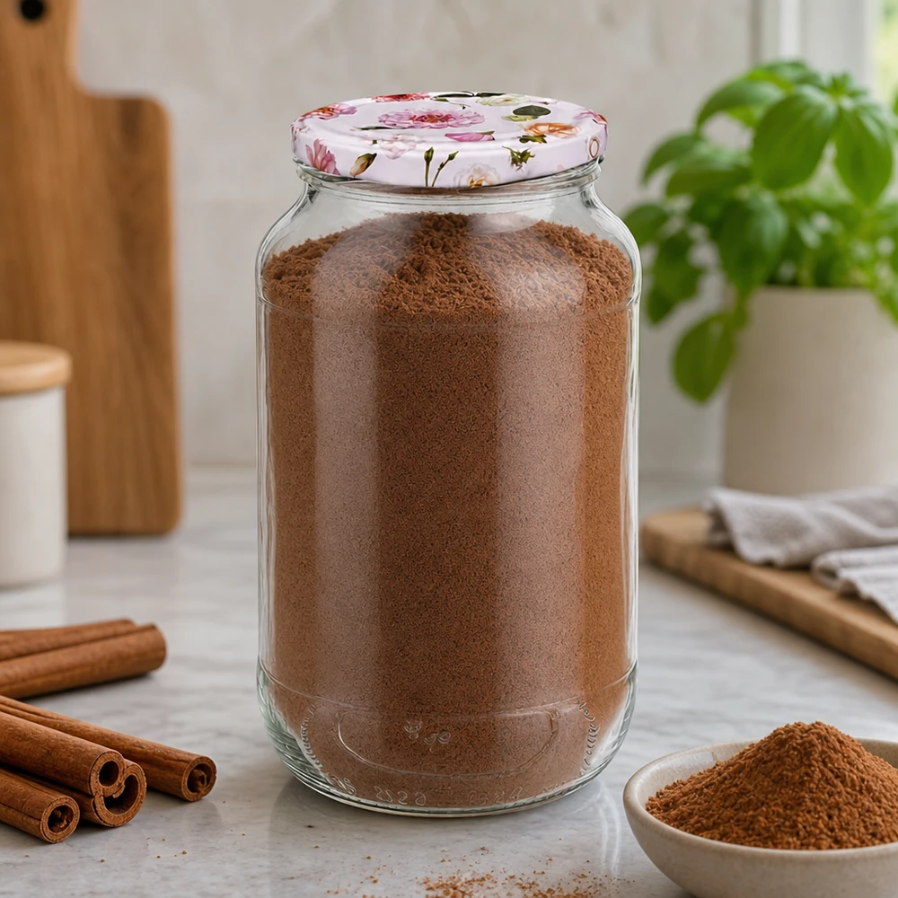 Ronde pot 1062 ml + deksel BasicSeal roze bloem UNiTWIST Kaneelkruiden in 1062ml rond potje met roze bloemdeksel BasicSeal kaneelstokjes Sfeervolle keuken kruidenopslag