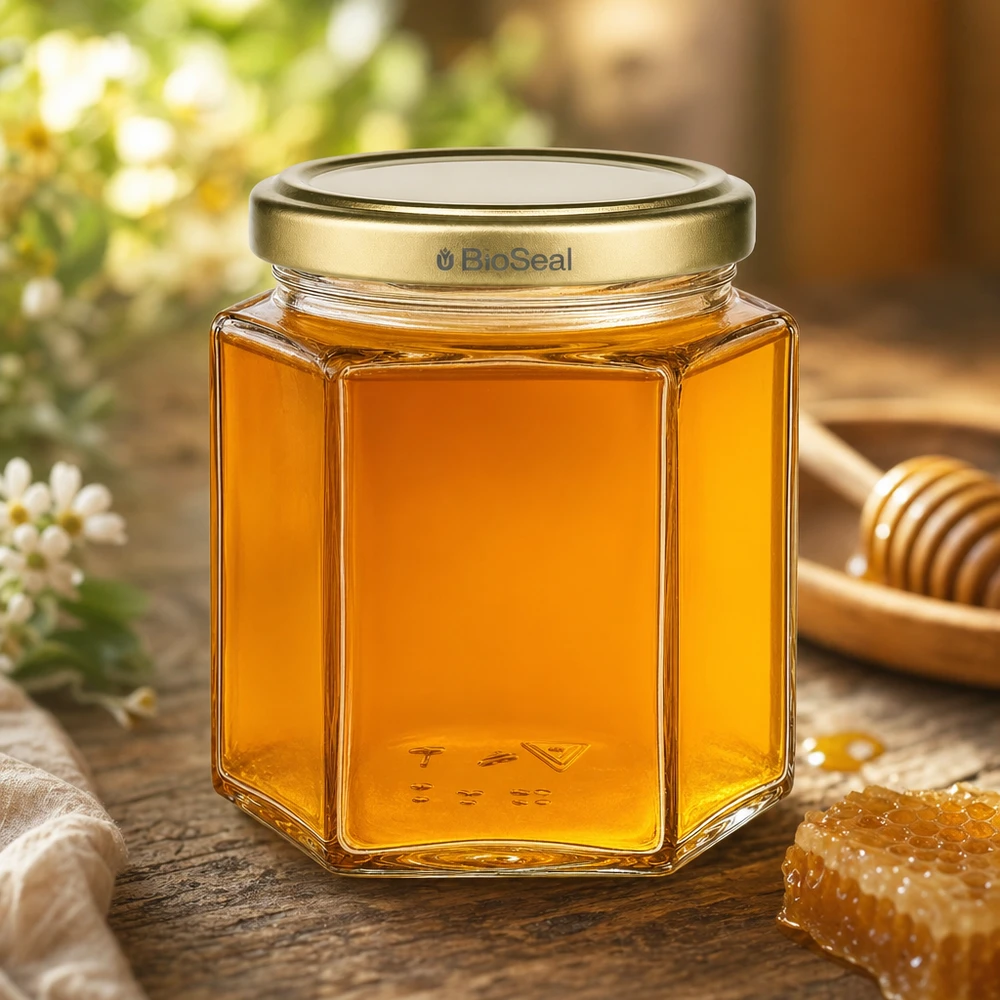 Honingpot 520 g met gouden BioSeal UNiTWIST-deksel 520g honingpot zeshoekig met BioSeal gouden deksel gevuld met natuurlijke honing naast honingraat en honinglepel