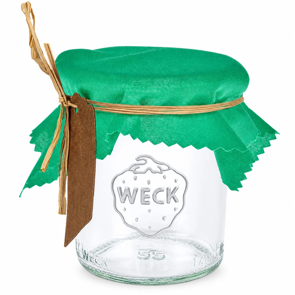 Groene stoffen doily 12cm vierkant op pot met elastiek en bruine hanger als een jampot doily