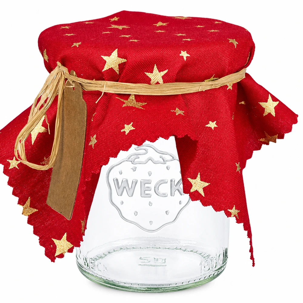 Rode decoratieve doily met gouden sterren op WECK pot, vierkant gesneden, 15cm, feestelijke decoratie