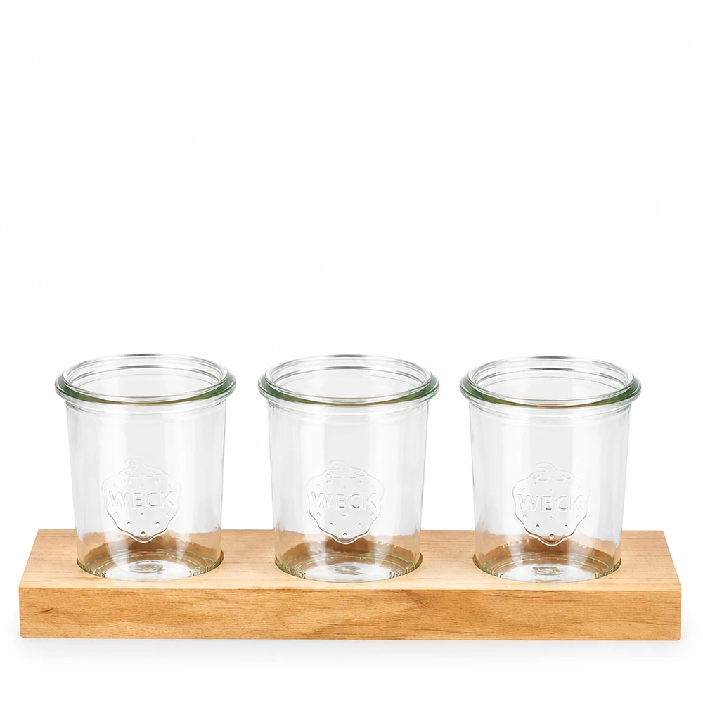 Serveerplank Plano3 met 3 Weck-glazen van 160 ml Plano3 houten serveerplank met drie Weck 160 ml bekers voor dipsausjes, specerijen en snacks