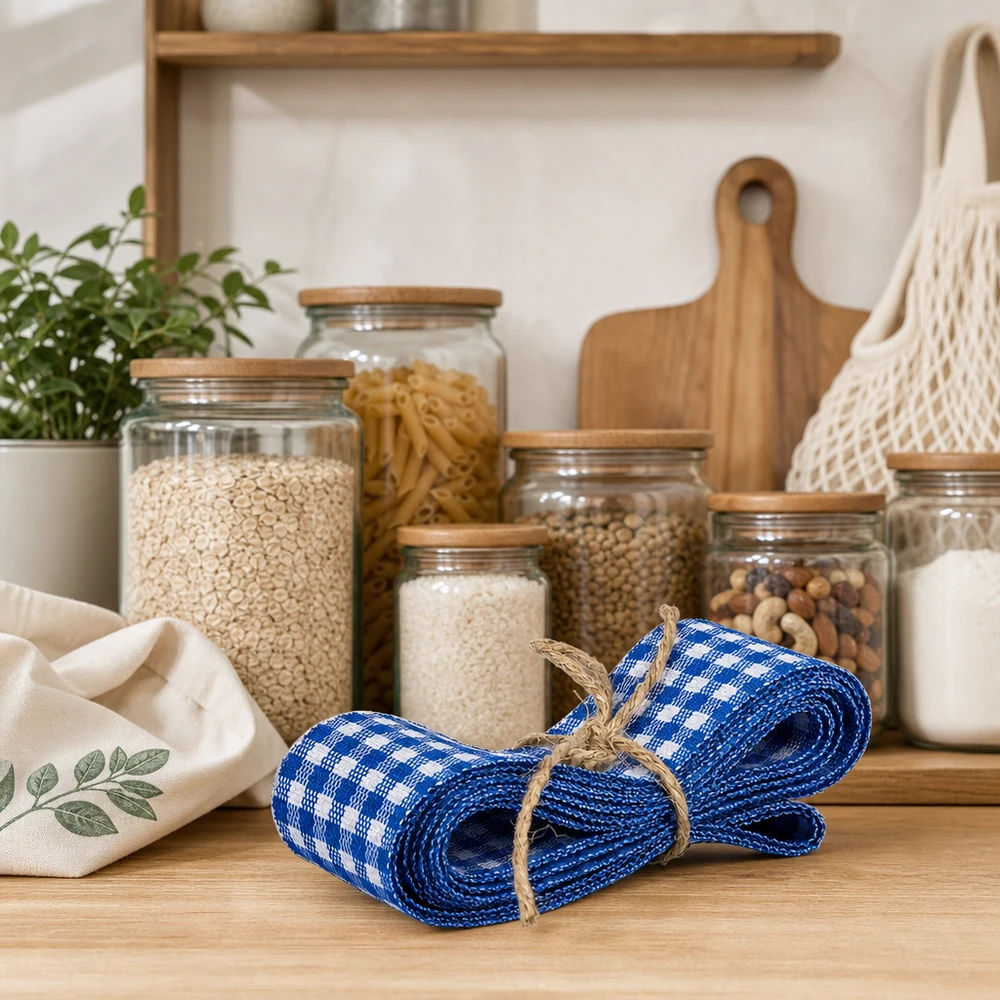 Stofband blauw/wit voor decoratie, 300 cm Geruit stoffen lint blauw wit 300cm met jute koord op houten aanrecht tussen voorraadpotten en keukengerei