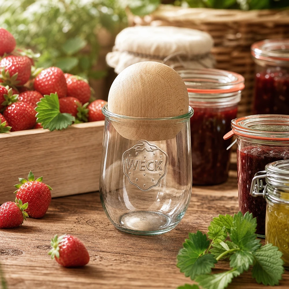 WECK inmaakpot 1062ml RR100 met houten deksel voor het inmaken van aardbeienjam in een landelijke keuken