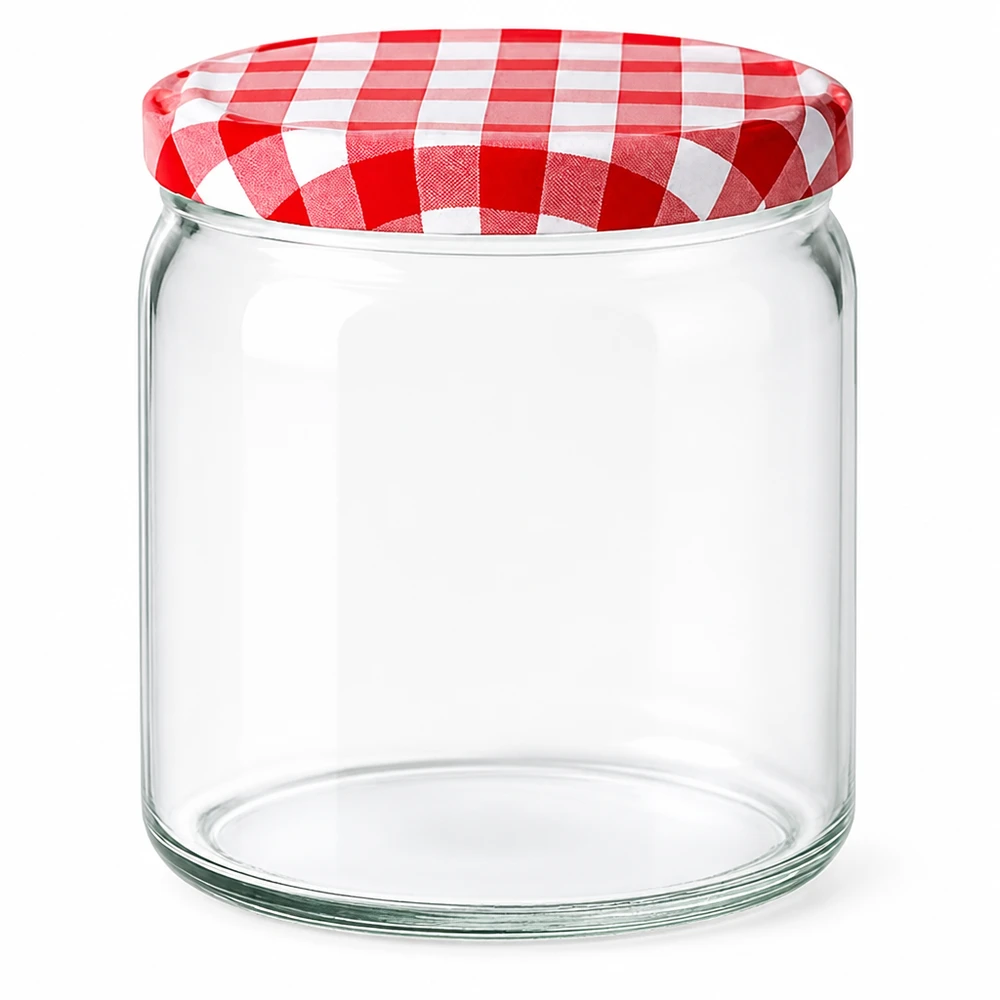 408ml rond glas met BasicSeal deksel rood/wit UNiTWIST 408ml ronde pot leeg met rood geruit BasicSeal deksel Inmaakpot jampot UN keurmerk
